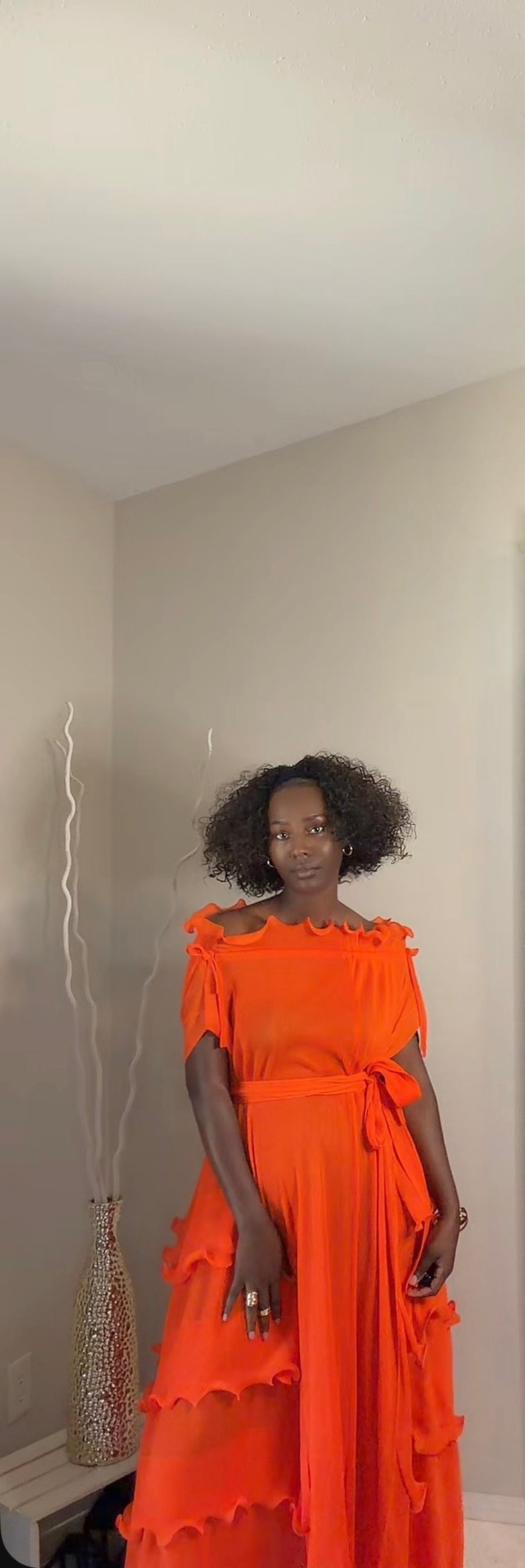 Ruffle Pleated Shoulder Dress(org)