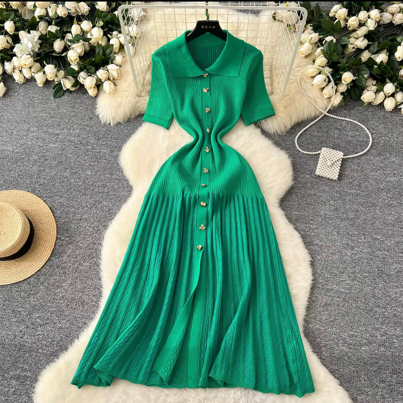 Short Sleeve Elegant Dress(Grn)