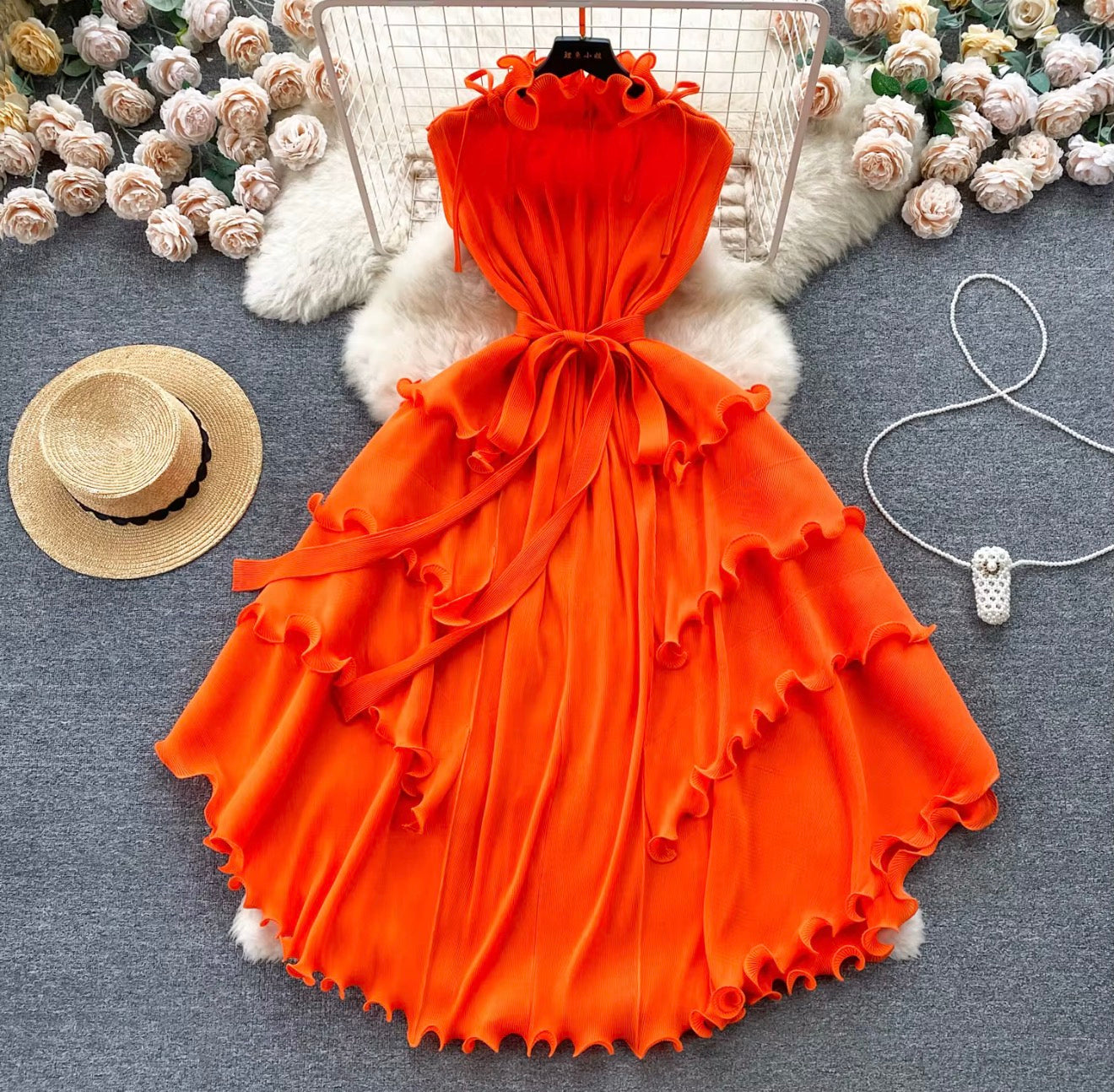 Ruffle Pleated Shoulder Dress(org)