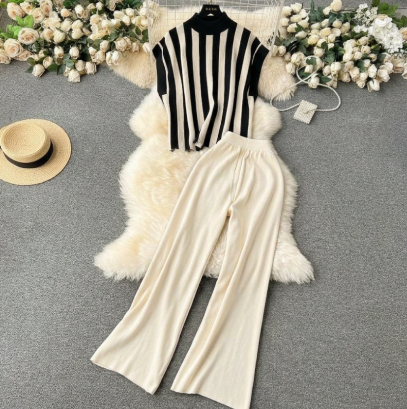 Cream and black striped turtle neck