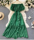 Green side ruffle shoulder dress